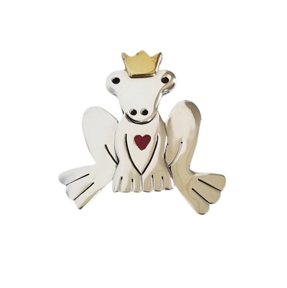 Vintage A&J Harvey Sterling Silver Frog Prince Brooch Brass Crown Enameled Heart